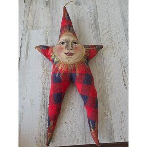 Plush anthromorphic star Sun vintage Xmas decor hanging plaid red blue gold glit